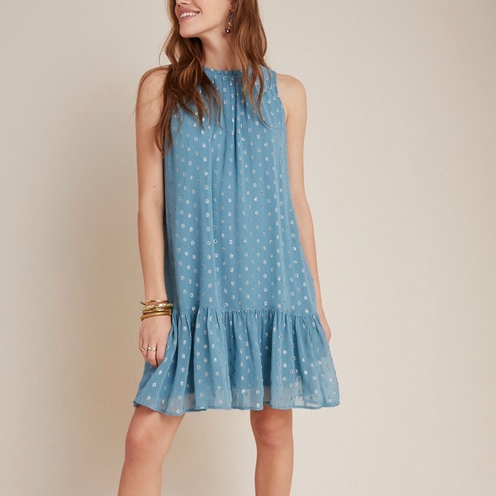 Anthropologie Natalie Flounced Blue & Silver Patterned Shift Dress